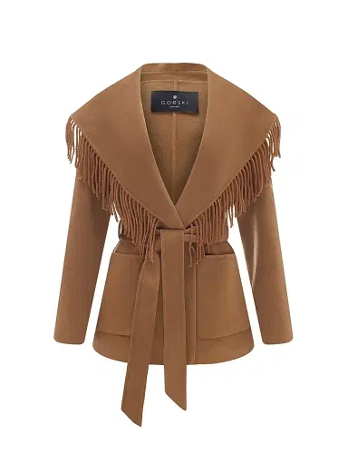 Gorski Women's Select Cashmere and Wool Blend Jacket with Tassle Trim and Belt - Camel - Size Large | Thumbnail 1 Gorski Women's Select Cashmere and Wool Blend Jacket with Tassle Trim and Belt - Camel - Size Large | Thumbnail 1