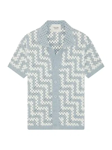 Frescobol Carioca Men's Pinto Crochet Cotton Short-Sleeve Cardigan - Coastal Blue | Thumbnail 1 Frescobol Carioca Men's Pinto Crochet Cotton Short-Sleeve Cardigan - Coastal Blue | Thumbnail 1