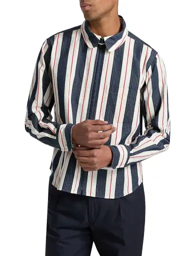 Thom Browne Men's Seersucker Stripe Cotton Zip Shirt - Red Blue White - Size XXL | Thumbnail 3 Thom Browne Men's Seersucker Stripe Cotton Zip Shirt - Red Blue White - Size XXL | Thumbnail 3