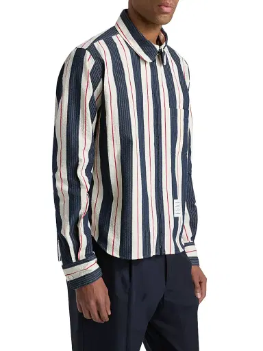 Thom Browne Men's Seersucker Stripe Cotton Zip Shirt - Red Blue White - Size XXL | Thumbnail 4 Thom Browne Men's Seersucker Stripe Cotton Zip Shirt - Red Blue White - Size XXL | Thumbnail 4