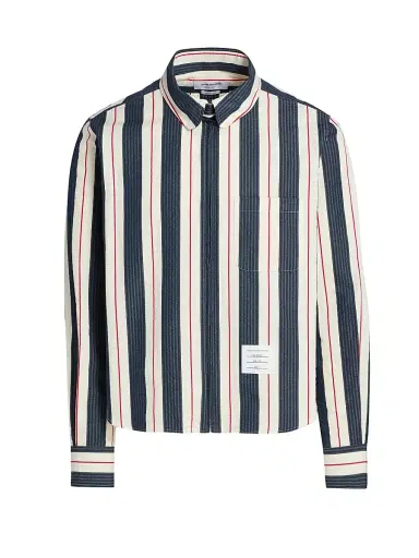 Thom Browne Men's Seersucker Stripe Cotton Zip Shirt - Red Blue White - Size XXL | Thumbnail 1 Thom Browne Men's Seersucker Stripe Cotton Zip Shirt - Red Blue White - Size XXL | Thumbnail 1