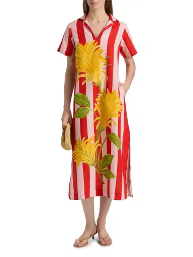 VERANDAH Women's Ammama Jacobina And Stripes Cotton-Linen Shirtdress - Blush And Vermillion Jacobina - Size Medium | Thumbnail 3 VERANDAH Women's Ammama Jacobina And Stripes Cotton-Linen Shirtdress - Blush And Vermillion Jacobina - Size Medium | Thumbnail 3