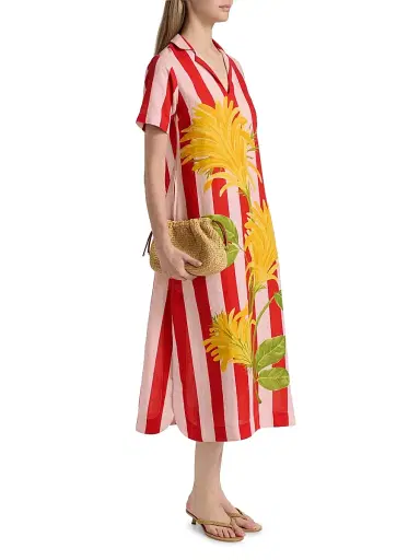 VERANDAH Women's Ammama Jacobina And Stripes Cotton-Linen Shirtdress - Blush And Vermillion Jacobina - Size Medium | Thumbnail 4 VERANDAH Women's Ammama Jacobina And Stripes Cotton-Linen Shirtdress - Blush And Vermillion Jacobina - Size Medium | Thumbnail 4