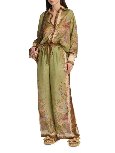 Zimmermann Women's Indra Printed Silk Relaxed-Fit Drawstring Pants - Khaki Scarf Floral | Thumbnail 2 Zimmermann Women's Indra Printed Silk Relaxed-Fit Drawstring Pants - Khaki Scarf Floral | Thumbnail 2