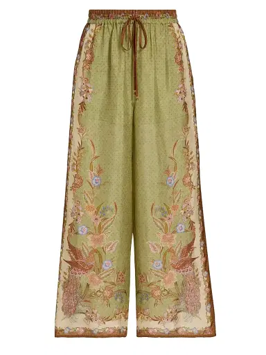 Zimmermann Women's Indra Printed Silk Relaxed-Fit Drawstring Pants - Khaki Scarf Floral | Thumbnail 1 Zimmermann Women's Indra Printed Silk Relaxed-Fit Drawstring Pants - Khaki Scarf Floral | Thumbnail 1