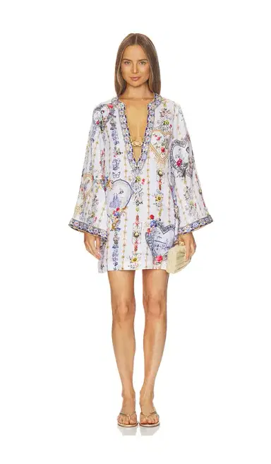 Camilla Deep V Neck Hardware Short Kaftan | Thumbnail 1 Camilla Deep V Neck Hardware Short Kaftan | Thumbnail 1