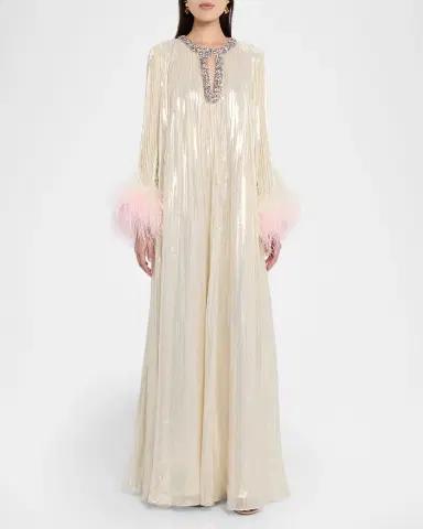 Self-Portrait Pleated Metallic Maxi Dress with Ombre Feather Cuffs | Thumbnail 2 Self-Portrait Pleated Metallic Maxi Dress with Ombre Feather Cuffs | Thumbnail 2