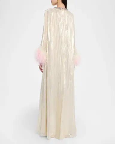 Self-Portrait Pleated Metallic Maxi Dress with Ombre Feather Cuffs | Thumbnail 3 Self-Portrait Pleated Metallic Maxi Dress with Ombre Feather Cuffs | Thumbnail 3