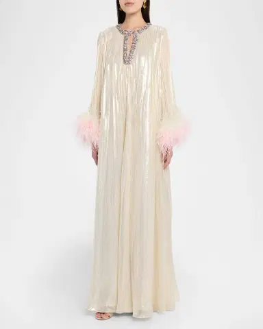 Self-Portrait Pleated Metallic Maxi Dress with Ombre Feather Cuffs | Thumbnail 4 Self-Portrait Pleated Metallic Maxi Dress with Ombre Feather Cuffs | Thumbnail 4