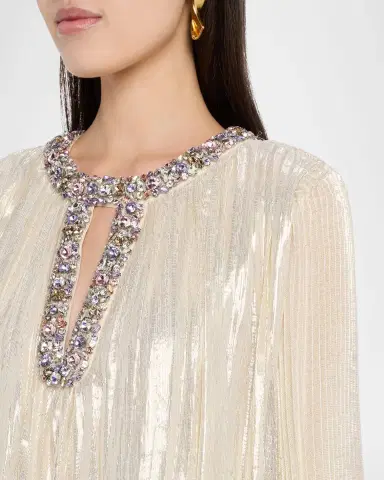 Self-Portrait Pleated Metallic Maxi Dress with Ombre Feather Cuffs | Thumbnail 5 Self-Portrait Pleated Metallic Maxi Dress with Ombre Feather Cuffs | Thumbnail 5