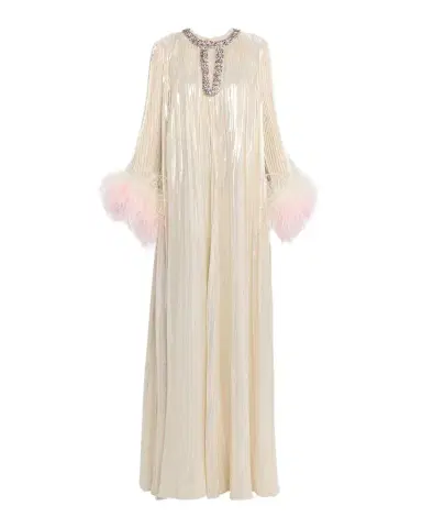 Self-Portrait Pleated Metallic Maxi Dress with Ombre Feather Cuffs | Thumbnail 1 Self-Portrait Pleated Metallic Maxi Dress with Ombre Feather Cuffs | Thumbnail 1