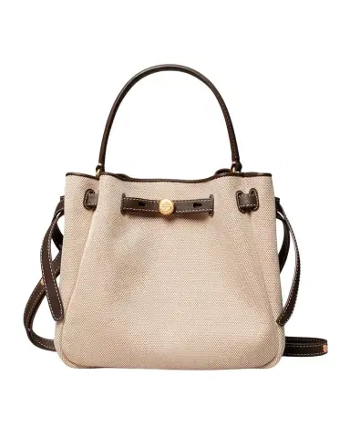 Tory Burch Romy Small Canvas Leather-Trim Crossbody Bucket Bag | Thumbnail 1 Tory Burch Romy Small Canvas Leather-Trim Crossbody Bucket Bag | Thumbnail 1