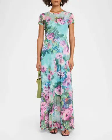 Johnny Was Short-Sleeve Floral Mesh Maxi Dress | Thumbnail 2 Johnny Was Short-Sleeve Floral Mesh Maxi Dress | Thumbnail 2