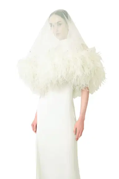 Lapointe Tulle Embroidered Short Veil With Feathers | Thumbnail 1 Lapointe Tulle Embroidered Short Veil With Feathers | Thumbnail 1