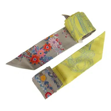 HERMÈS Hermes "Brides De Gala En Fleurs" Mastic, Jaune Vif, Multi Silk Twilly Pair | Thumbnail 4 HERMÈS Hermes "Brides De Gala En Fleurs" Mastic, Jaune Vif, Multi Silk Twilly Pair | Thumbnail 4