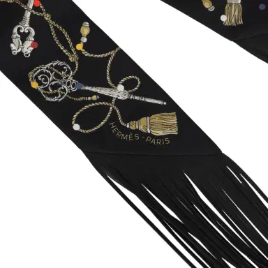 HERMÈS Hermes "Les Cles a Pois" Bleu Marine, Gris Argent and Multicolore Fringe Silk Twilly | Thumbnail 3 HERMÈS Hermes "Les Cles a Pois" Bleu Marine, Gris Argent and Multicolore Fringe Silk Twilly | Thumbnail 3