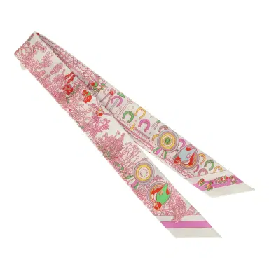 HERMÈS Hermes "Pony Pit Stop" Blanc, Rose and Multi Silk Twilly Pair | Thumbnail 2 HERMÈS Hermes "Pony Pit Stop" Blanc, Rose and Multi Silk Twilly Pair | Thumbnail 2