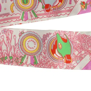 HERMÈS Hermes "Pony Pit Stop" Blanc, Rose and Multi Silk Twilly Pair | Thumbnail 3 HERMÈS Hermes "Pony Pit Stop" Blanc, Rose and Multi Silk Twilly Pair | Thumbnail 3