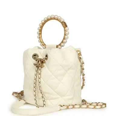 Chanel Pre-owned Chanel Mini Pearl Top Handle Bucket Bag White Calfskin Antique Gold Hardware | Thumbnail 5 Chanel Pre-owned Chanel Mini Pearl Top Handle Bucket Bag White Calfskin Antique Gold Hardware | Thumbnail 5