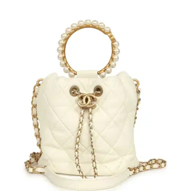 Chanel Pre-owned Chanel Mini Pearl Top Handle Bucket Bag White Calfskin Antique Gold Hardware | Thumbnail 1 Chanel Pre-owned Chanel Mini Pearl Top Handle Bucket Bag White Calfskin Antique Gold Hardware | Thumbnail 1