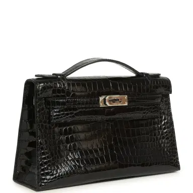 HERMÈS Pre-owned Hermes Kelly Pochette Black Shiny Porosus Crocodile Palladium Hardware | Thumbnail 2 HERMÈS Pre-owned Hermes Kelly Pochette Black Shiny Porosus Crocodile Palladium Hardware | Thumbnail 2