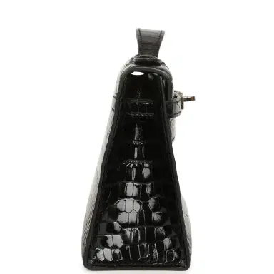 HERMÈS Pre-owned Hermes Kelly Pochette Black Shiny Porosus Crocodile Palladium Hardware | Thumbnail 3 HERMÈS Pre-owned Hermes Kelly Pochette Black Shiny Porosus Crocodile Palladium Hardware | Thumbnail 3
