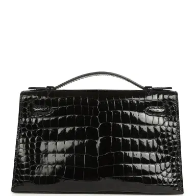 HERMÈS Pre-owned Hermes Kelly Pochette Black Shiny Porosus Crocodile Palladium Hardware | Thumbnail 4 HERMÈS Pre-owned Hermes Kelly Pochette Black Shiny Porosus Crocodile Palladium Hardware | Thumbnail 4