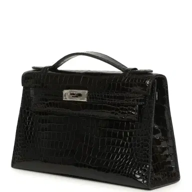 HERMÈS Pre-owned Hermes Kelly Pochette Black Shiny Porosus Crocodile Palladium Hardware | Thumbnail 5 HERMÈS Pre-owned Hermes Kelly Pochette Black Shiny Porosus Crocodile Palladium Hardware | Thumbnail 5