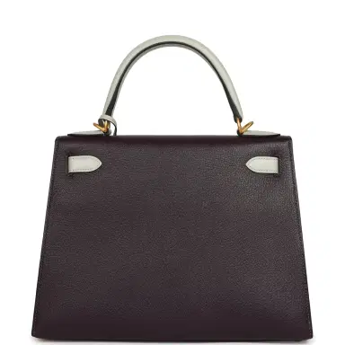 HERMÈS Pre-owned Hermes Special Order (HSS) Kelly Sellier 28 Raisin and Gris Perle Chevre Brushed Gold Hardware | Thumbnail 4 HERMÈS Pre-owned Hermes Special Order (HSS) Kelly Sellier 28 Raisin and Gris Perle Chevre Brushed Gold Hardware | Thumbnail 4