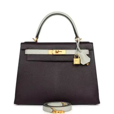HERMÈS Pre-owned Hermes Special Order (HSS) Kelly Sellier 28 Raisin and Gris Perle Chevre Brushed Gold Hardware | Thumbnail 1 HERMÈS Pre-owned Hermes Special Order (HSS) Kelly Sellier 28 Raisin and Gris Perle Chevre Brushed Gold Hardware | Thumbnail 1