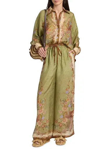 Zimmermann Women's Indra Printed Silk Relaxed Button-Front Shirt - Khaki Scarf Floral | Thumbnail 2 Zimmermann Women's Indra Printed Silk Relaxed Button-Front Shirt - Khaki Scarf Floral | Thumbnail 2