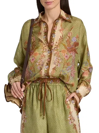 Zimmermann Women's Indra Printed Silk Relaxed Button-Front Shirt - Khaki Scarf Floral | Thumbnail 3 Zimmermann Women's Indra Printed Silk Relaxed Button-Front Shirt - Khaki Scarf Floral | Thumbnail 3