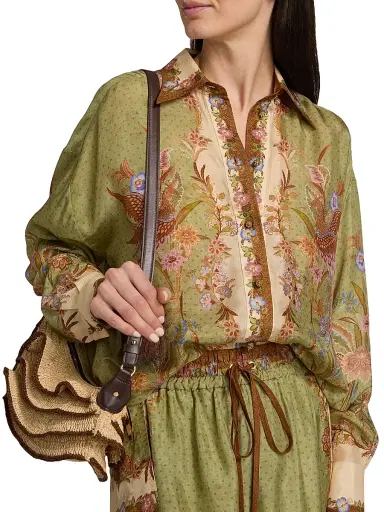 Zimmermann Women's Indra Printed Silk Relaxed Button-Front Shirt - Khaki Scarf Floral | Thumbnail 6 Zimmermann Women's Indra Printed Silk Relaxed Button-Front Shirt - Khaki Scarf Floral | Thumbnail 6