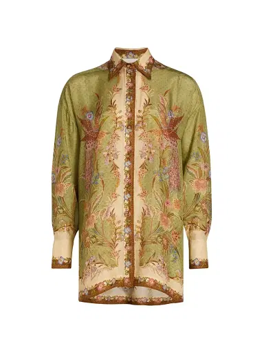 Zimmermann Women's Indra Printed Silk Relaxed Button-Front Shirt - Khaki Scarf Floral | Thumbnail 1 Zimmermann Women's Indra Printed Silk Relaxed Button-Front Shirt - Khaki Scarf Floral | Thumbnail 1