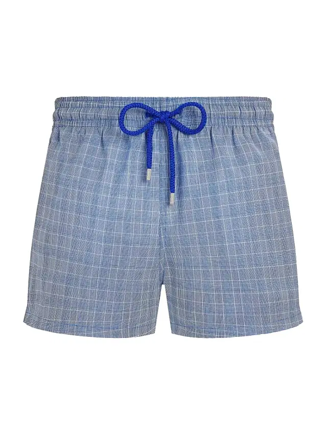 Men's Prince of Wales Check Ultrafine Wool Swim Shorts - Royal Sky Men's Prince of Wales Check Ultrafine Wool Swim Shorts - Royal Sky