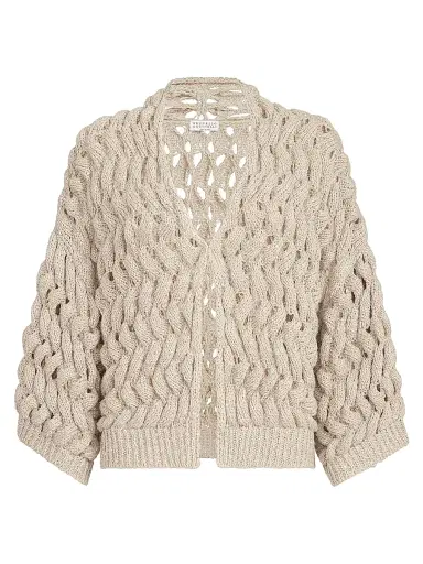 Brunello Cucinelli Women's Silk and Linen Dazzling Waves Cardigan - Sand - Size XXL | Thumbnail 1 Brunello Cucinelli Women's Silk and Linen Dazzling Waves Cardigan - Sand - Size XXL | Thumbnail 1