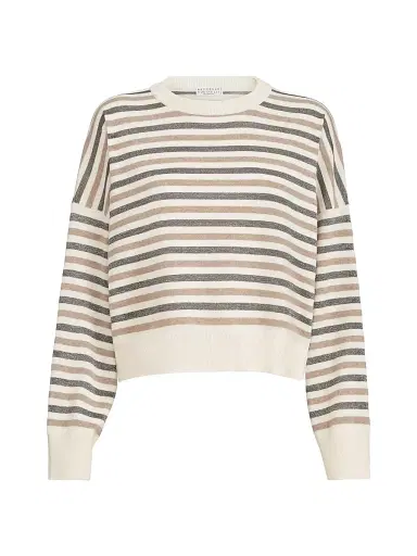 Brunello Cucinelli Women's Virgin Wool, Cashmere and Silk Sparkling Stripes Sweater | Thumbnail 1 Brunello Cucinelli Women's Virgin Wool, Cashmere and Silk Sparkling Stripes Sweater | Thumbnail 1