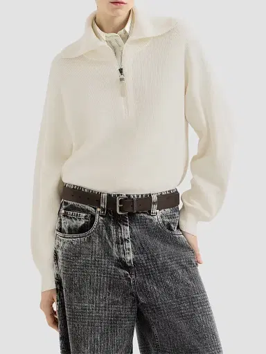 Brunello Cucinelli Women's Cotton English Rib Sweater - Panama | Thumbnail 2 Brunello Cucinelli Women's Cotton English Rib Sweater - Panama | Thumbnail 2