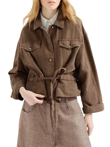 Brunello Cucinelli Women's Garment Dyed Outerwear Jacket in Cotton and Linen Cover with Monili - Cigar | Thumbnail 2 Brunello Cucinelli Women's Garment Dyed Outerwear Jacket in Cotton and Linen Cover with Monili - Cigar | Thumbnail 2