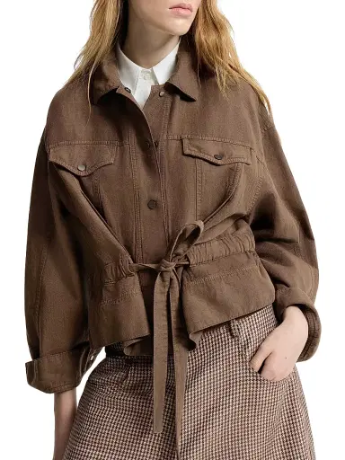 Brunello Cucinelli Women's Garment Dyed Outerwear Jacket in Cotton and Linen Cover with Monili - Cigar | Thumbnail 4 Brunello Cucinelli Women's Garment Dyed Outerwear Jacket in Cotton and Linen Cover with Monili - Cigar | Thumbnail 4