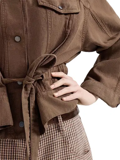 Brunello Cucinelli Women's Garment Dyed Outerwear Jacket in Cotton and Linen Cover with Monili - Cigar | Thumbnail 5 Brunello Cucinelli Women's Garment Dyed Outerwear Jacket in Cotton and Linen Cover with Monili - Cigar | Thumbnail 5