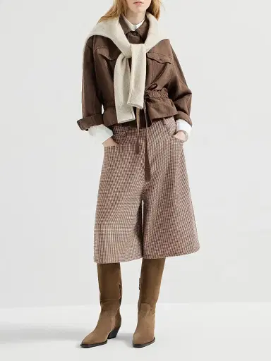 Brunello Cucinelli Women's Garment Dyed Outerwear Jacket in Cotton and Linen Cover with Monili - Cigar | Thumbnail 6 Brunello Cucinelli Women's Garment Dyed Outerwear Jacket in Cotton and Linen Cover with Monili - Cigar | Thumbnail 6