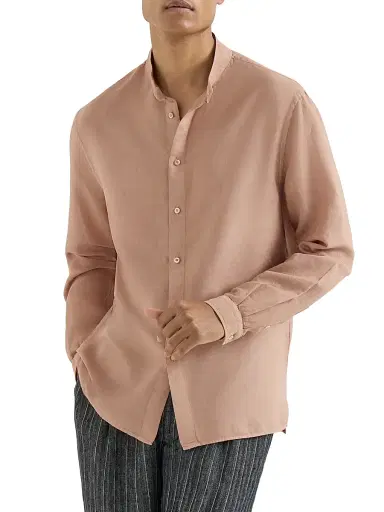 Brunello Cucinelli Men's Garment Dyed Easy Fit Shirt in Cotton and Linen Pinpoint - Earth | Thumbnail 2 Brunello Cucinelli Men's Garment Dyed Easy Fit Shirt in Cotton and Linen Pinpoint - Earth | Thumbnail 2