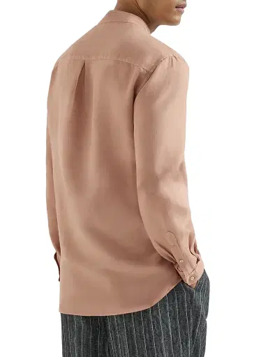 Brunello Cucinelli Men's Garment Dyed Easy Fit Shirt in Cotton and Linen Pinpoint - Earth | Thumbnail 3 Brunello Cucinelli Men's Garment Dyed Easy Fit Shirt in Cotton and Linen Pinpoint - Earth | Thumbnail 3