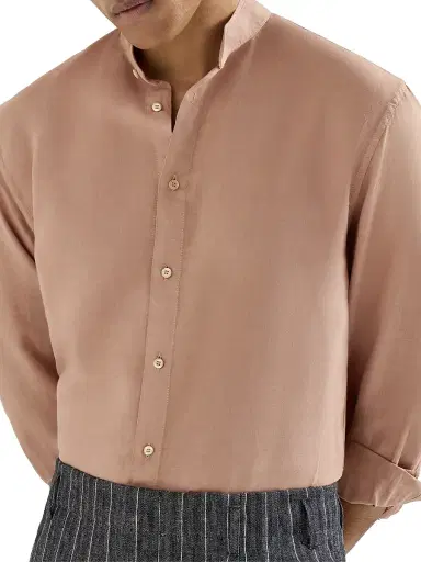 Brunello Cucinelli Men's Garment Dyed Easy Fit Shirt in Cotton and Linen Pinpoint - Earth | Thumbnail 5 Brunello Cucinelli Men's Garment Dyed Easy Fit Shirt in Cotton and Linen Pinpoint - Earth | Thumbnail 5