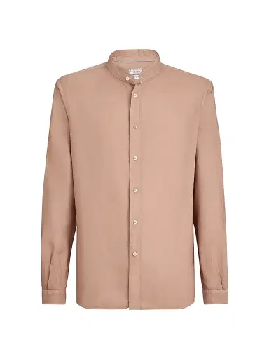 Brunello Cucinelli Men's Garment Dyed Easy Fit Shirt in Cotton and Linen Pinpoint - Earth | Thumbnail 1 Brunello Cucinelli Men's Garment Dyed Easy Fit Shirt in Cotton and Linen Pinpoint - Earth | Thumbnail 1