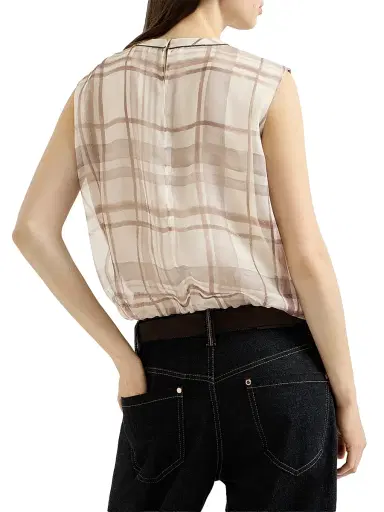 Brunello Cucinelli Women's Silk Organza T-Shirt in Macrocheck Print with Shiny Neck Detail - Beige - Size XXXL | Thumbnail 3 Brunello Cucinelli Women's Silk Organza T-Shirt in Macrocheck Print with Shiny Neck Detail - Beige - Size XXXL | Thumbnail 3