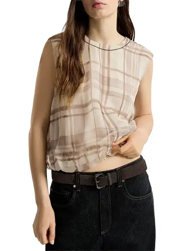 Brunello Cucinelli Women's Silk Organza T-Shirt in Macrocheck Print with Shiny Neck Detail - Beige - Size XXXL | Thumbnail 4 Brunello Cucinelli Women's Silk Organza T-Shirt in Macrocheck Print with Shiny Neck Detail - Beige - Size XXXL | Thumbnail 4