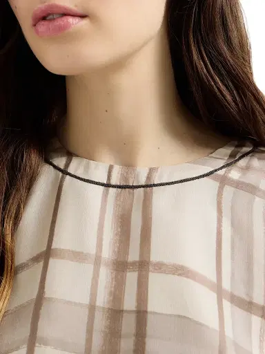 Brunello Cucinelli Women's Silk Organza T-Shirt in Macrocheck Print with Shiny Neck Detail - Beige - Size XXXL | Thumbnail 5 Brunello Cucinelli Women's Silk Organza T-Shirt in Macrocheck Print with Shiny Neck Detail - Beige - Size XXXL | Thumbnail 5