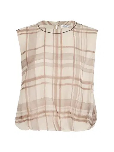 Brunello Cucinelli Women's Silk Organza T-Shirt in Macrocheck Print with Shiny Neck Detail - Beige - Size XXXL | Thumbnail 1 Brunello Cucinelli Women's Silk Organza T-Shirt in Macrocheck Print with Shiny Neck Detail - Beige - Size XXXL | Thumbnail 1